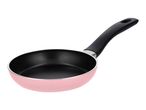 Pink frying pan with a black handle and non-stick coating