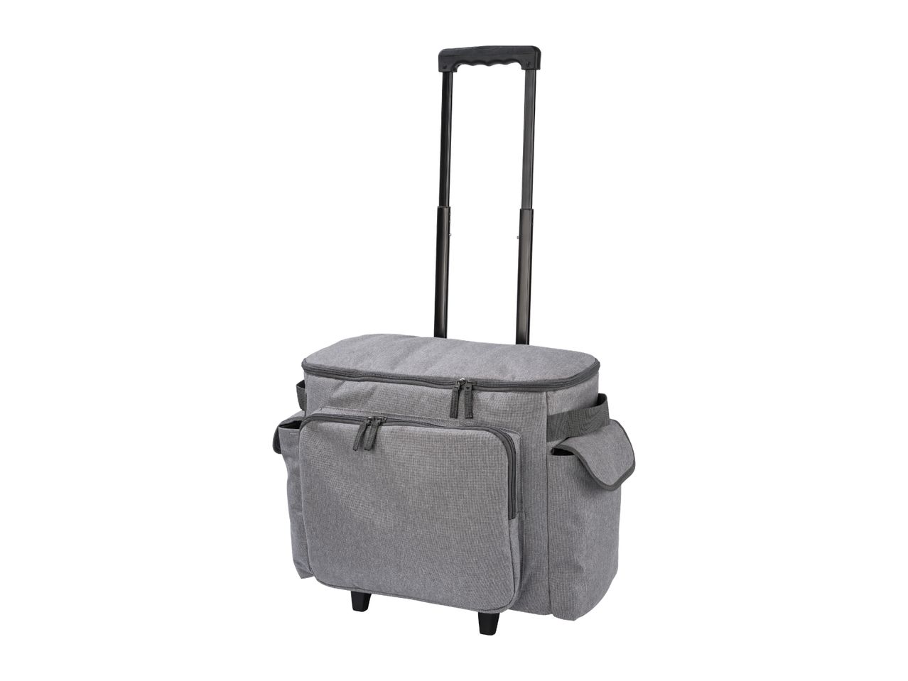 Gray rolling craft tote bag with an extendable handle and multiple pockets.