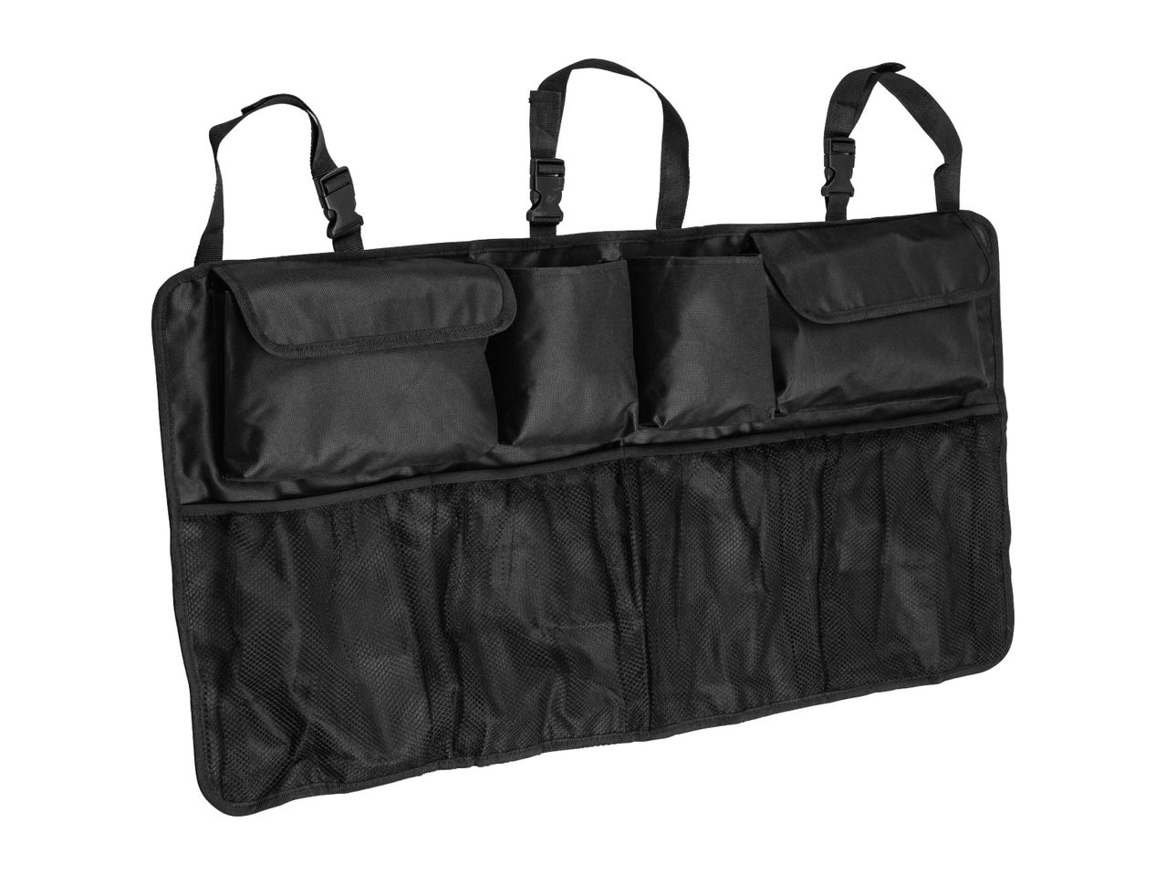 Black car trunk organizer with adjustable straps, pockets, and mesh compartments