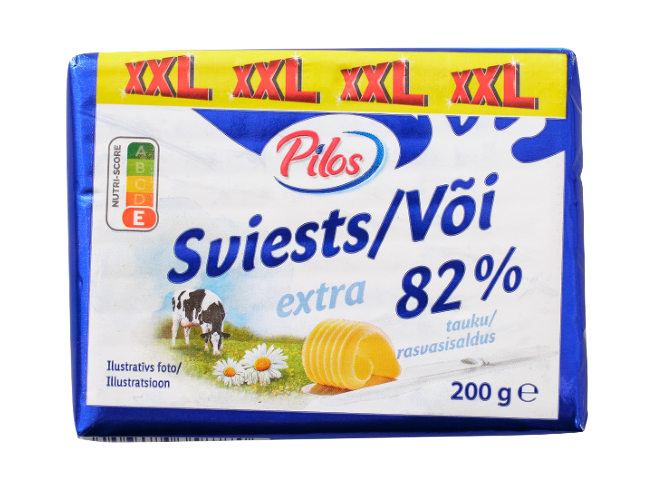 Pilos sviests/või ar 82% tauku saturu, 200g iepakojumā, ar Nutri-Score E marķējumu.