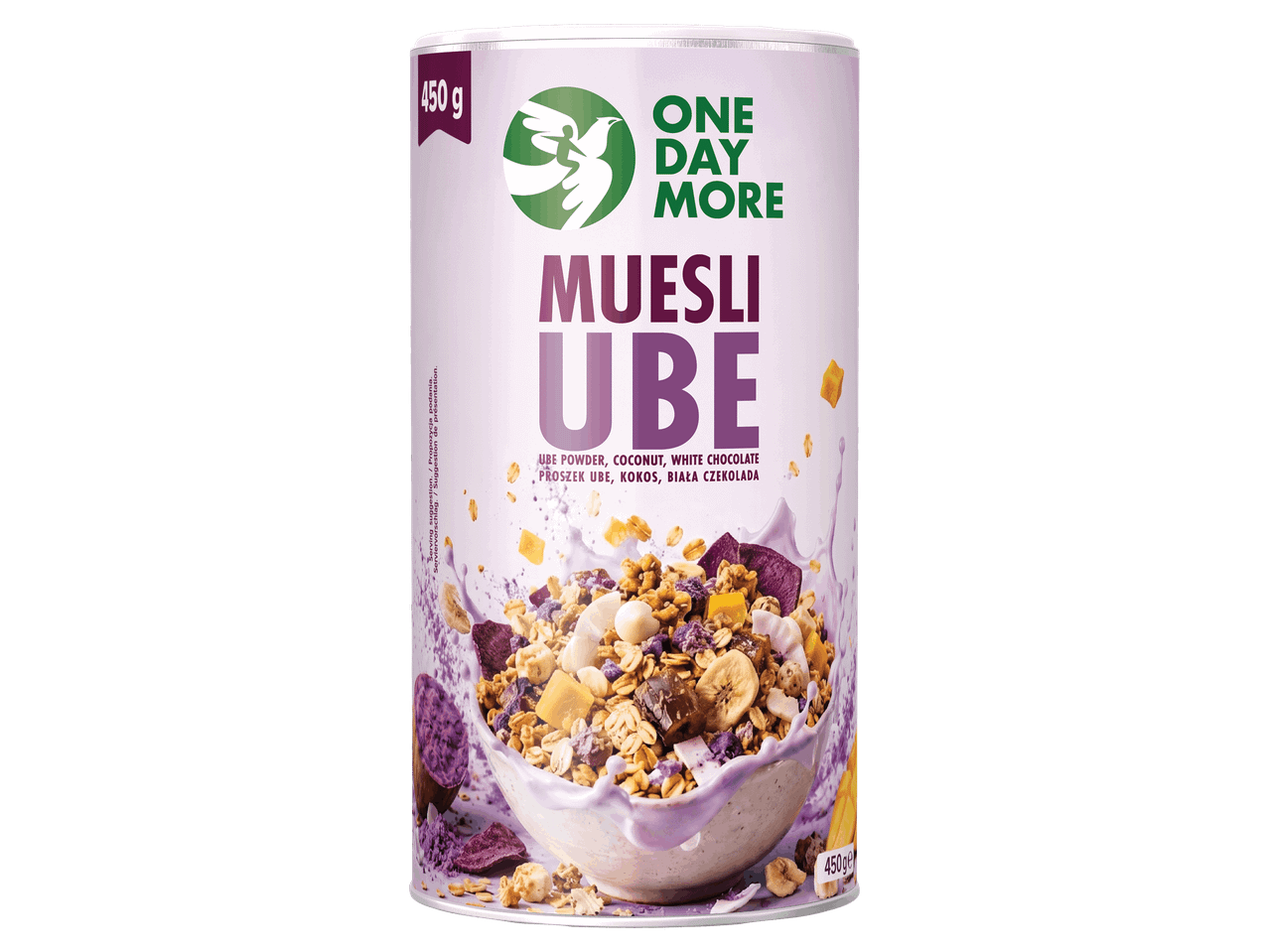 Ube muesli kókusszal és fehércsokoládéval, 450 g-os kiszerelésben.