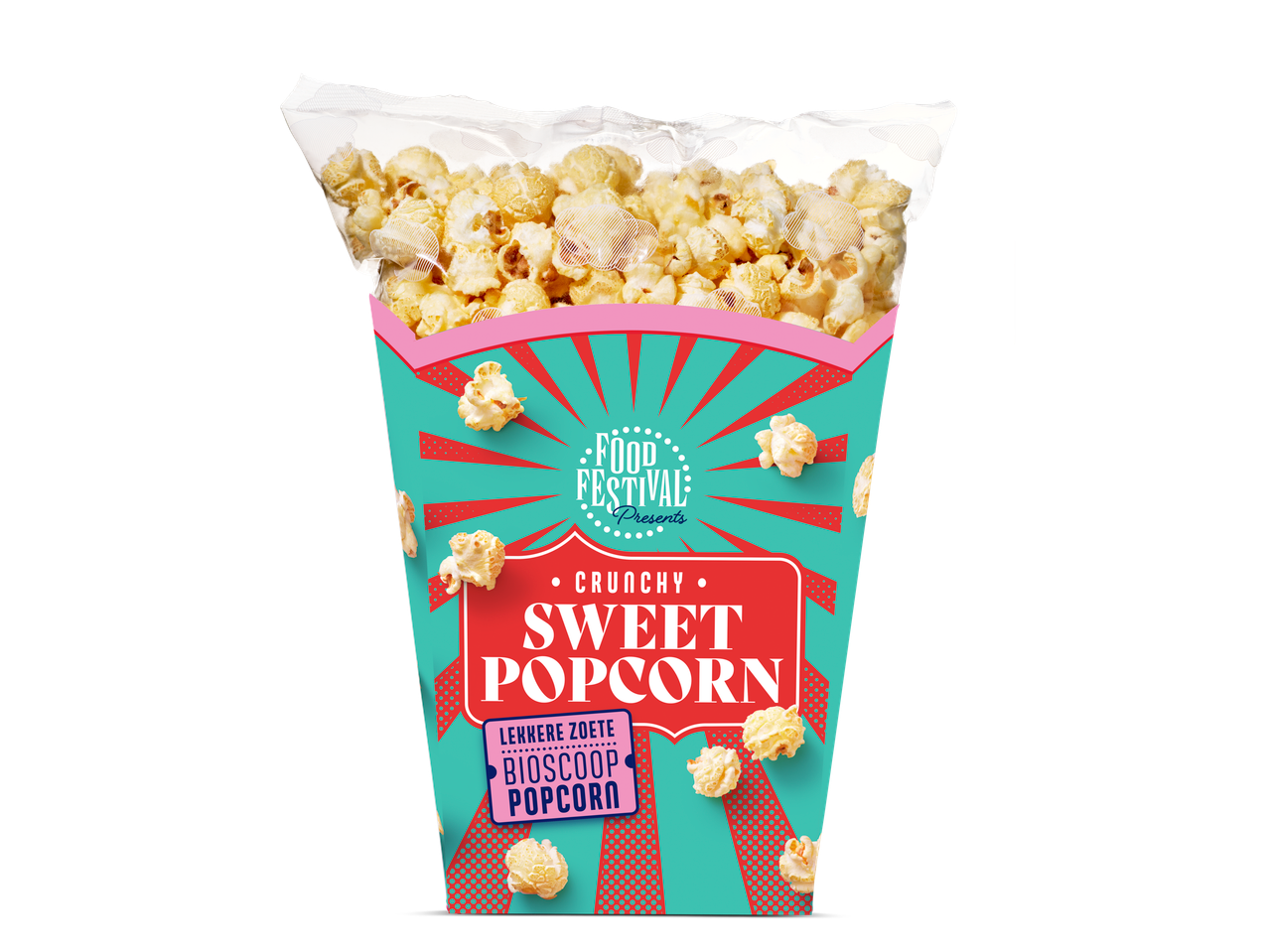 Food Festival presenteert knapperig zoet popcorn in een opvallende verpakking.