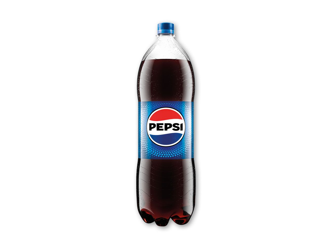 En stor flaske cola med en blå etiket og et rødt, hvidt og blåt logo.