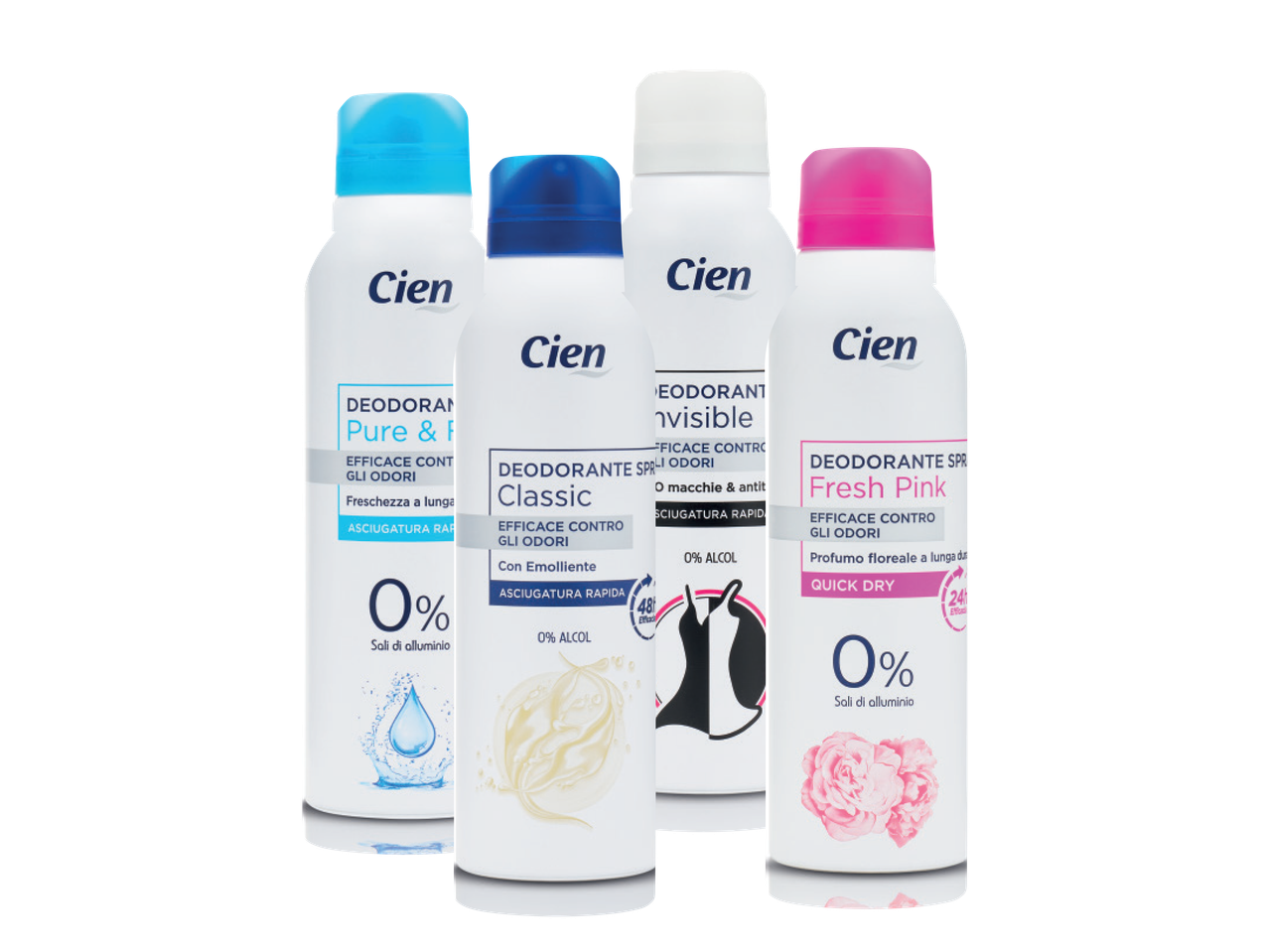 Three Cien deodorant sprays in different scents.