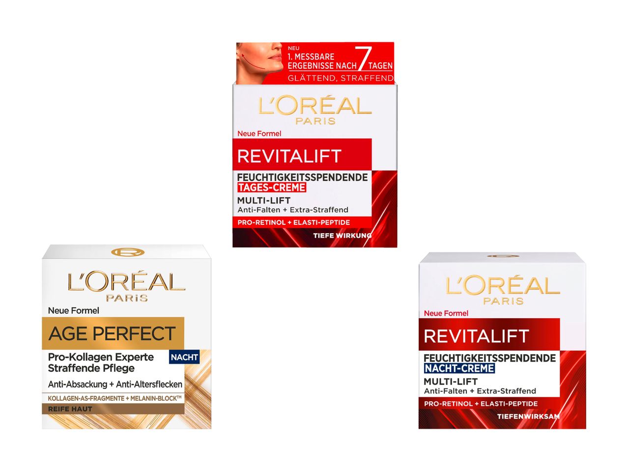 Crèmes pour le visage L'Oréal Paris : Revitalift, Hyaluron Expert et Revitalift Filler.
