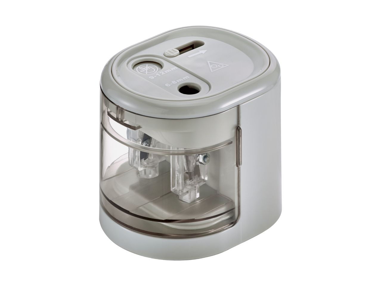 A grey electric pencil sharpener with transparent shavings container.