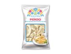 Pakke med pierogi med kvark- og kartoffelfyld, med et billede af tilberedte pierogi.
