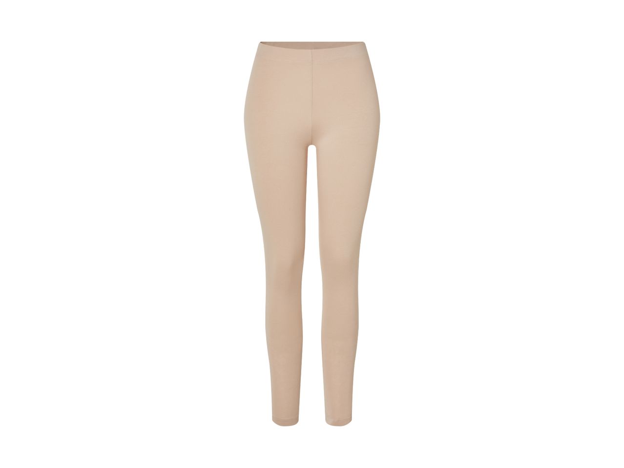 Et par beige leggings på en hvid baggrund.