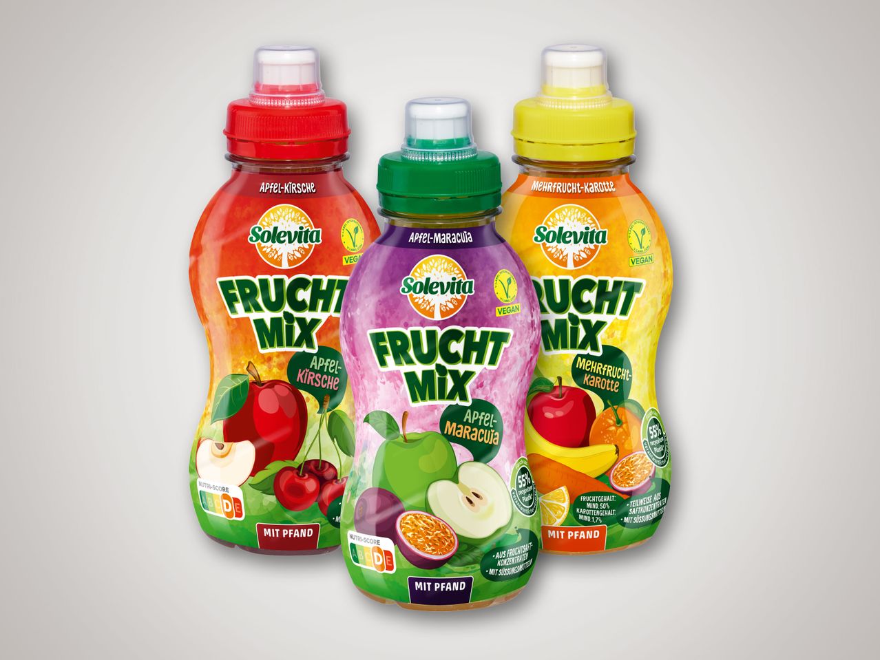 Solevita Frucht Mix Säfte: Apfel-Kirsche, Apfel-Maracuja, Mehrfrucht-Karotte.