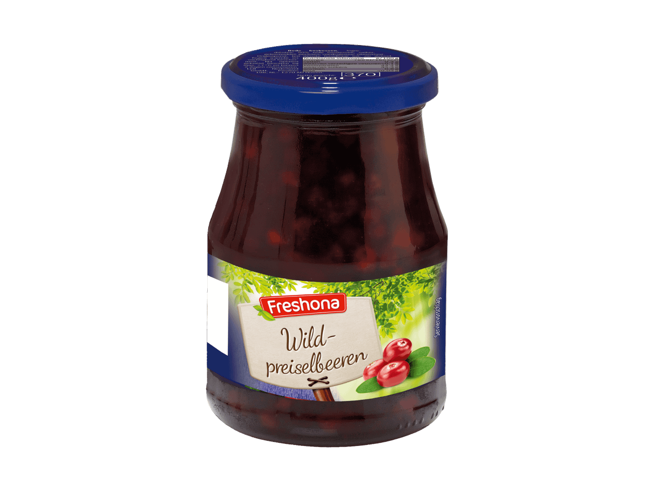 Ein Glas Freshona Wildpreiselbeeren auf schwarzem Hintergrund.