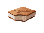 Sanduíche de gelado com biscoito, com uma dentada, sobre fundo preto