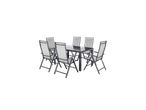 Conjunto de jantar exterior com mesa retangular cinzento escuro e seis cadeiras dobráveis cinzento claro.