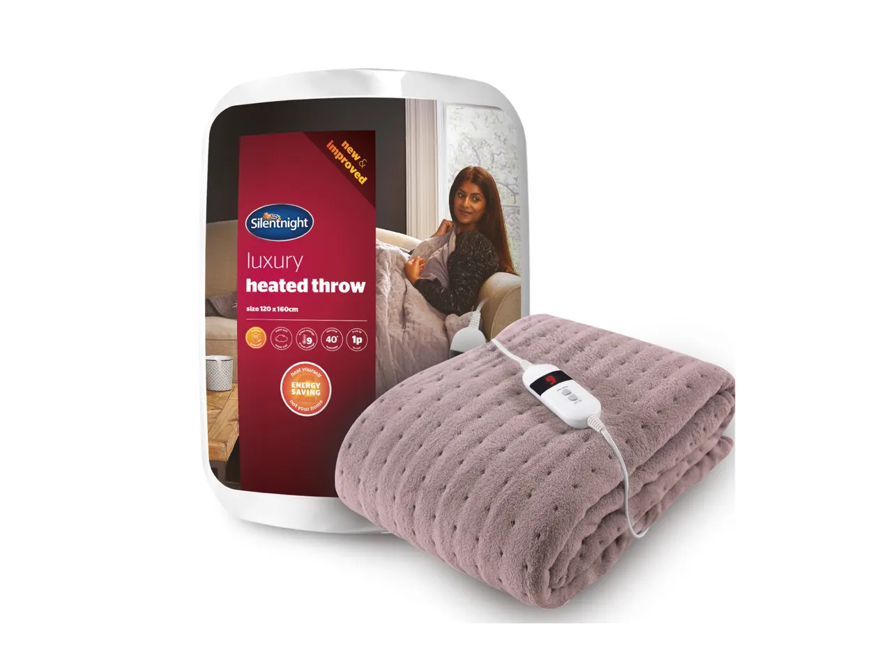 Silentnight Luxury Heated Throw, size 120 x 160cm, with energy-saving features and a remote control.