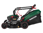 Green and black petrol lawnmower with a grass collection bag.