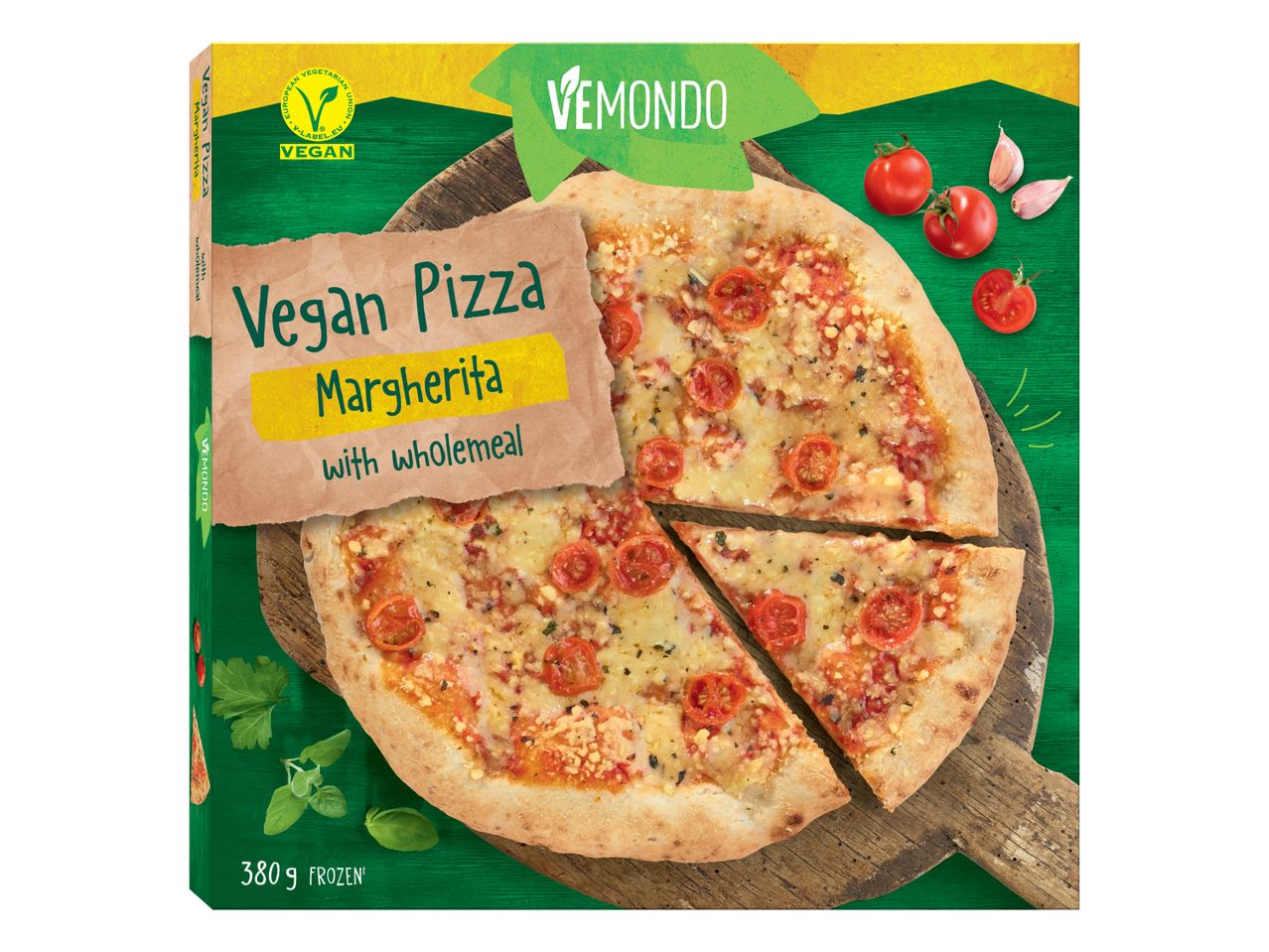 Zamrznjena veganska pizza Margherita Vemondo s polnozrnato moko.