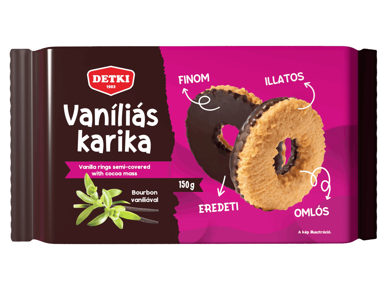 Félig kakaós masszába mártott vaníliás karika 150 g-os kiszerelésben.