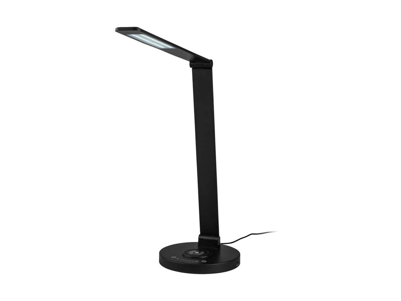 Sort LED-bordlampe med trådløs opladningsfunktion og justerbar arm.