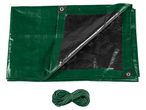 Telo di copertura verde con un lato nero e una corda verde arrotolata.