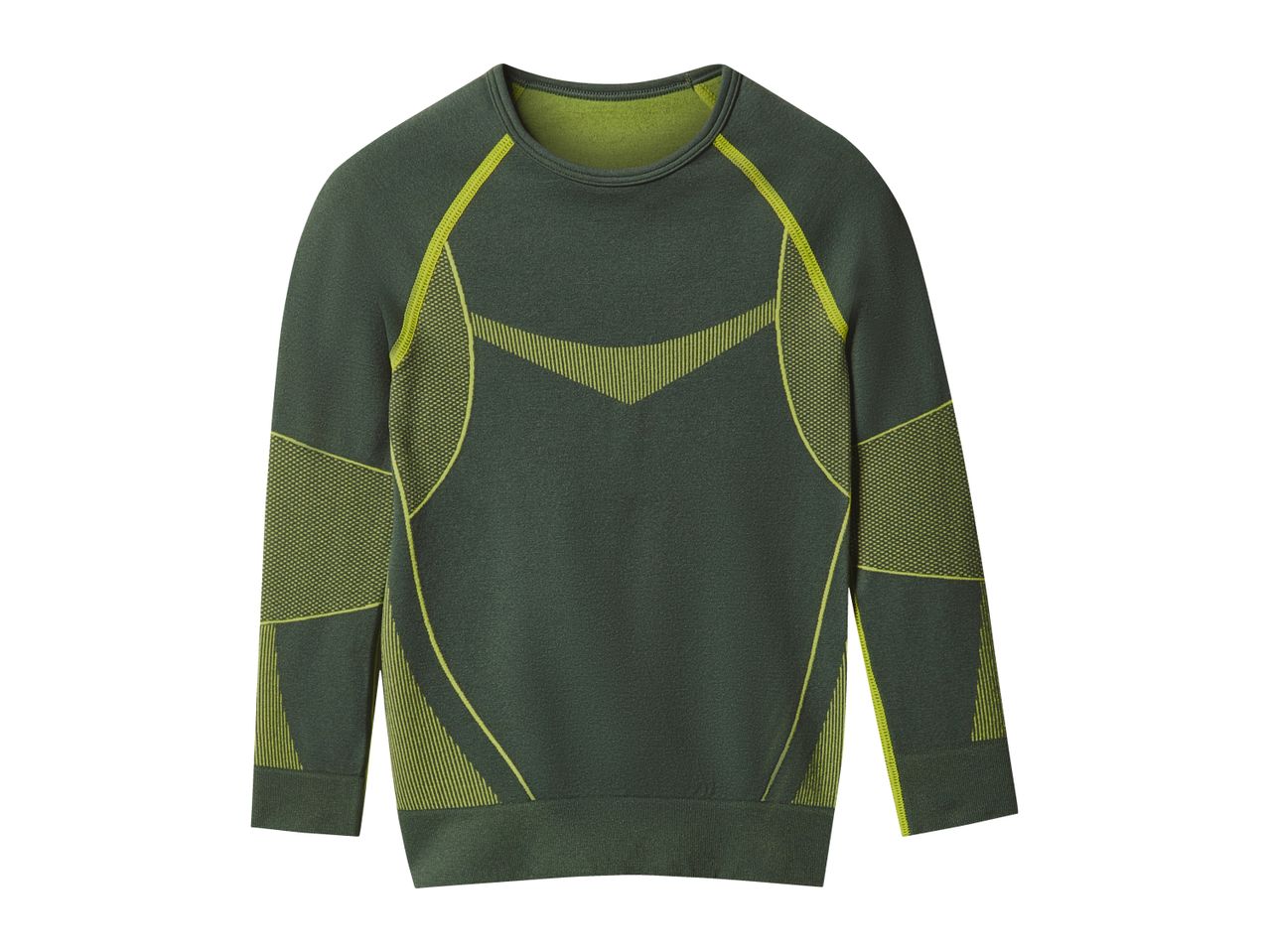 Dark green long-sleeved athletic shirt with bright green accents and textured patterns