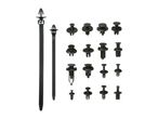 A collection of black cable ties and various plastic automotive clips and fasteners.