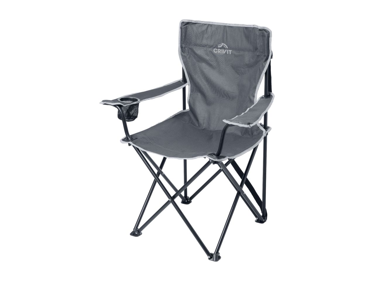 Grey folding camping chair with a cup holder and a black frame.