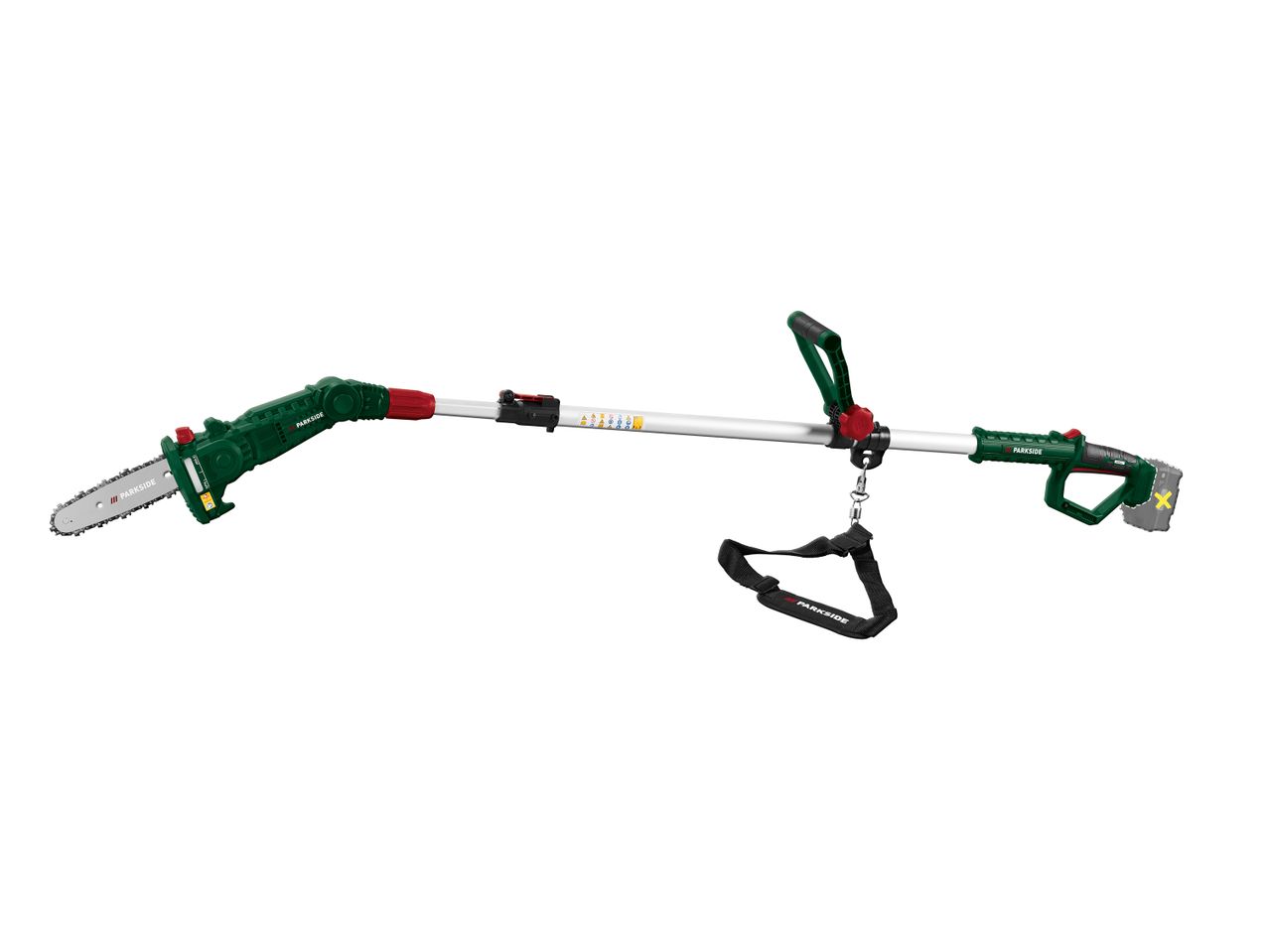 Parkside cordless pole pruner with a chainsaw attachment and a shoulder strap.