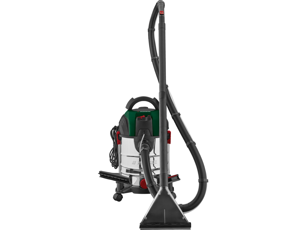 Parkside® 1600W Carpet Cleaner with a chrome tank and green top.