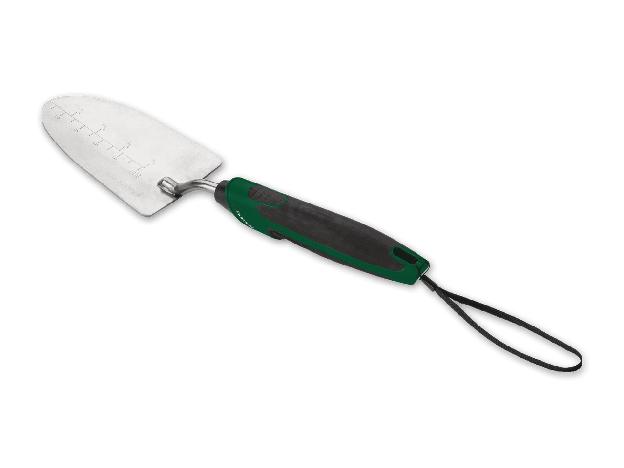 Gartenschaufel aus Edelstahl mit grün-schwarzem Griff und Messskala