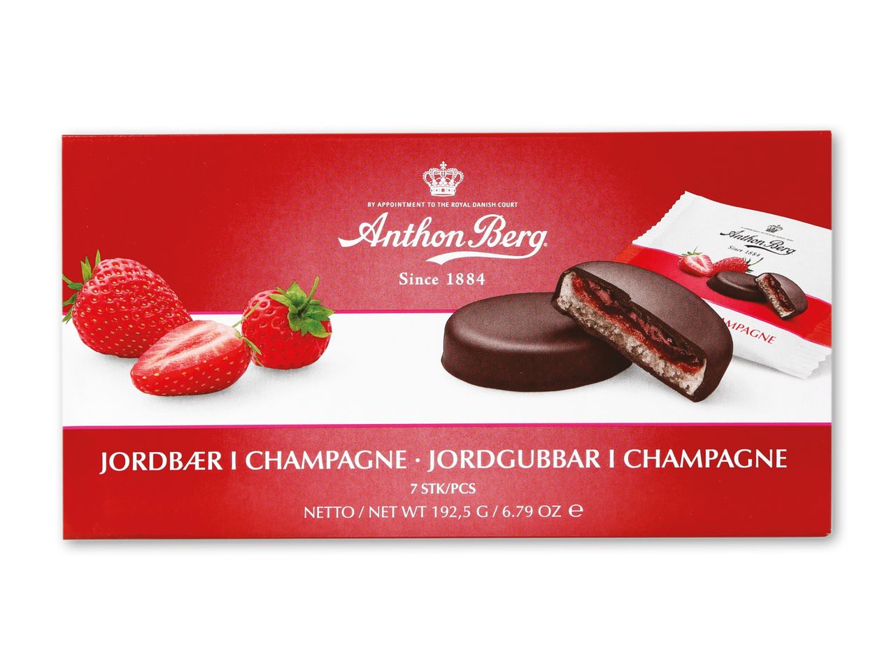 Rød æske med chokoladeovertrukne jordbær og champagnefyld, med friske jordbær.
