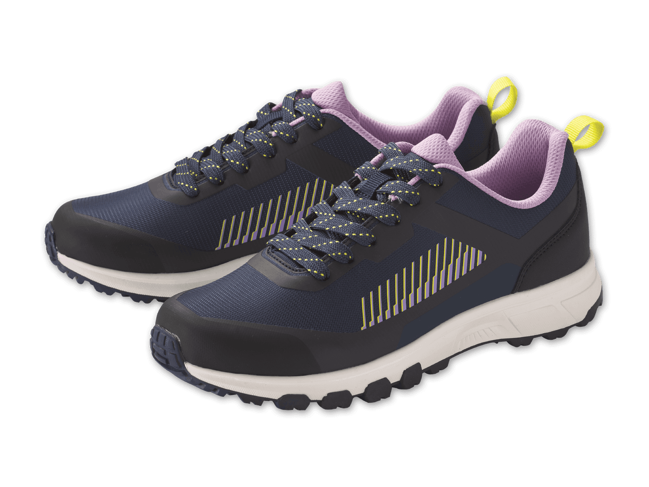 Ein Paar dunkelblaue Sportschuhe mit lila und gelben Akzenten.