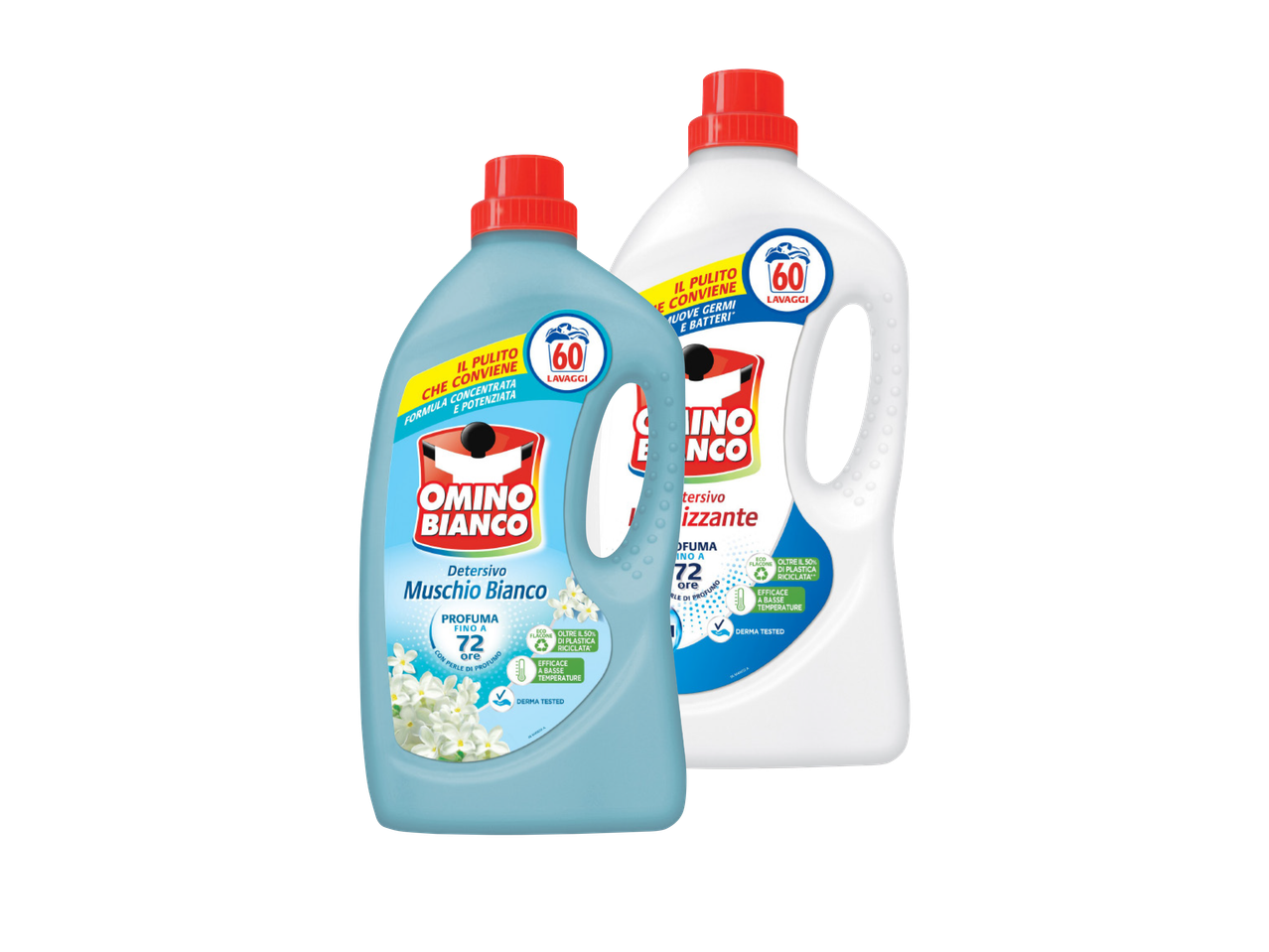 Due flaconi di detersivo per bucato Henkel, uno blu e uno bianco.