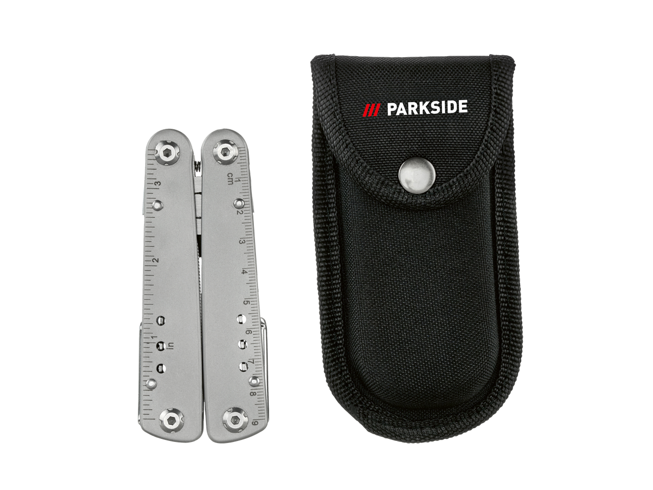 PARKSIDE daudzfunkcionāls instruments ar lineāla marķējumiem un melnu auduma maciņu.