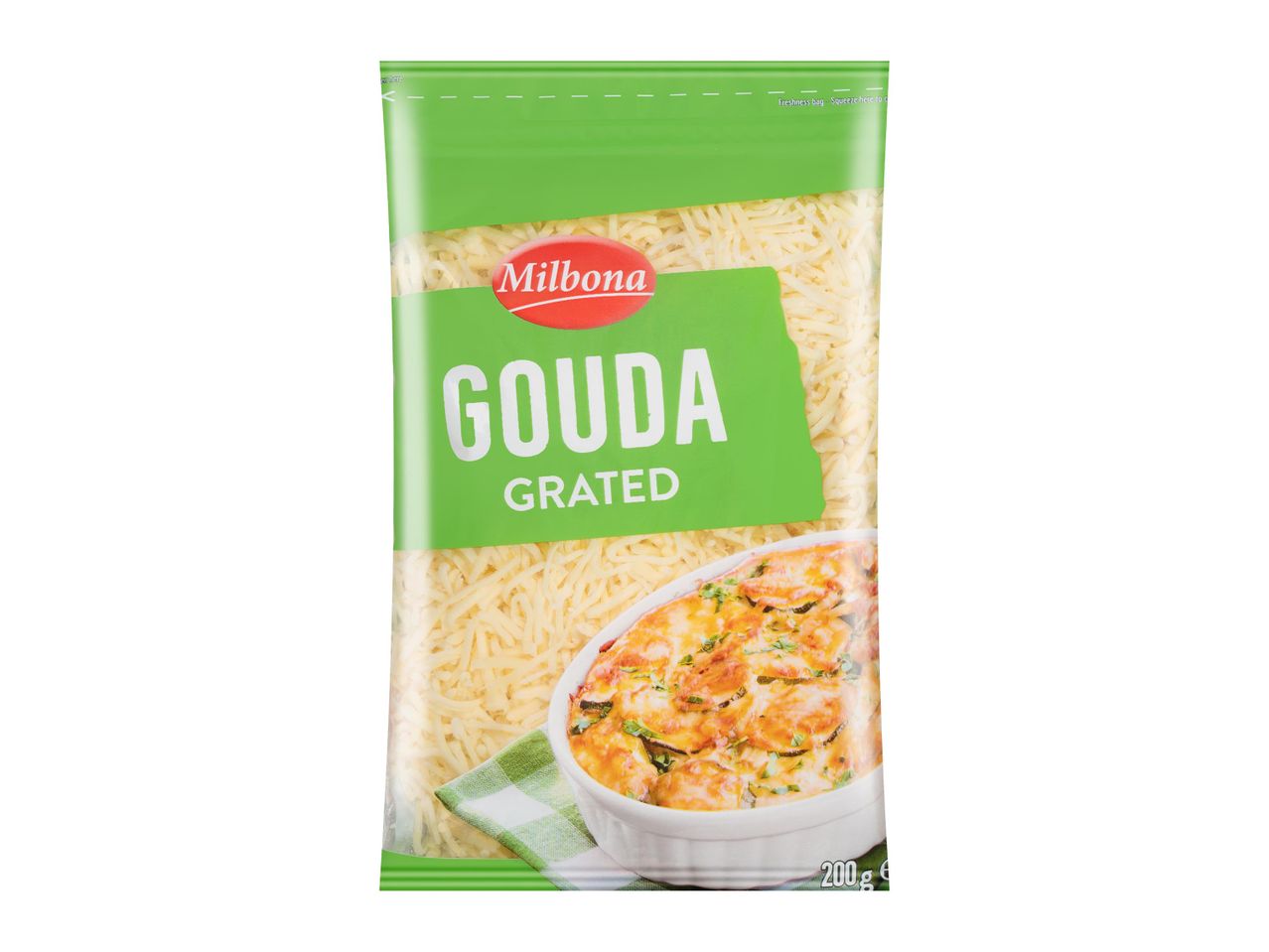 Milbona reszelt Gouda sajt csomagolása, egy tál étellel