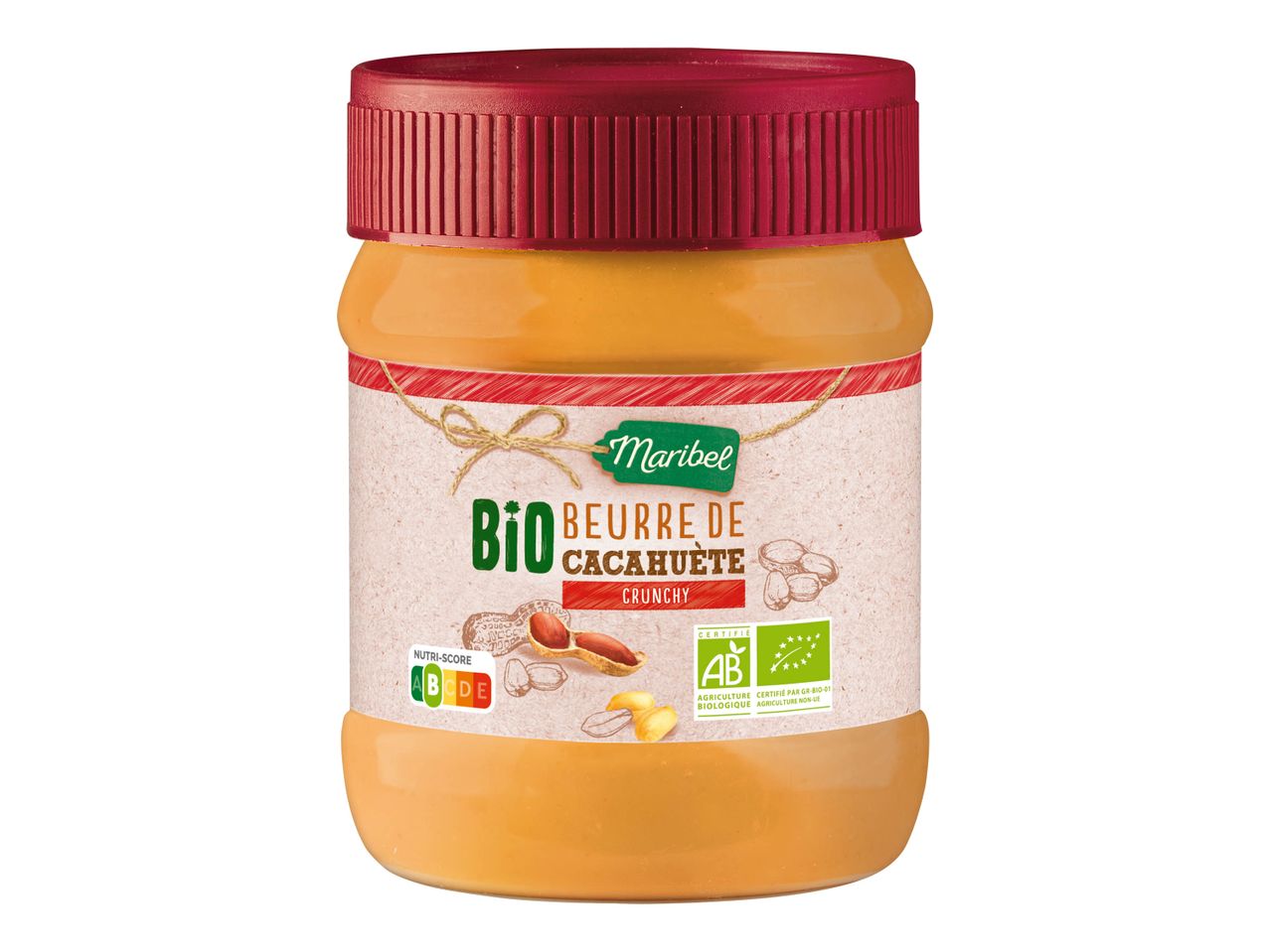Pot de beurre de cacahuète Maribel Bio Crunchy avec étiquette et Nutri-Score.