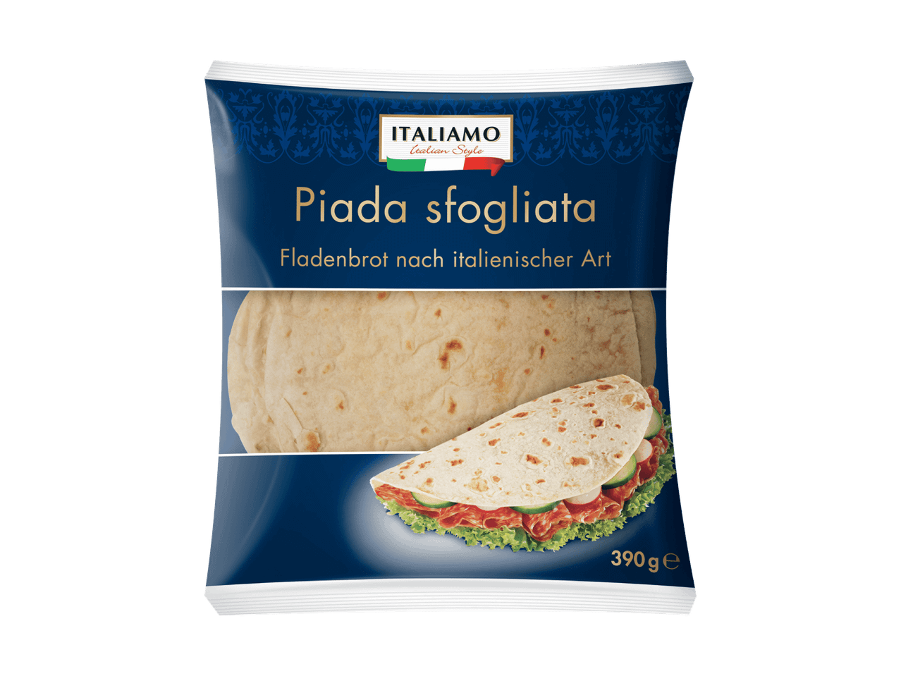 Verpackte italienische Piada-Fladenbrote von Da Grasso.