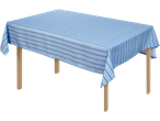 Blue and white striped tablecloth on a wooden table.