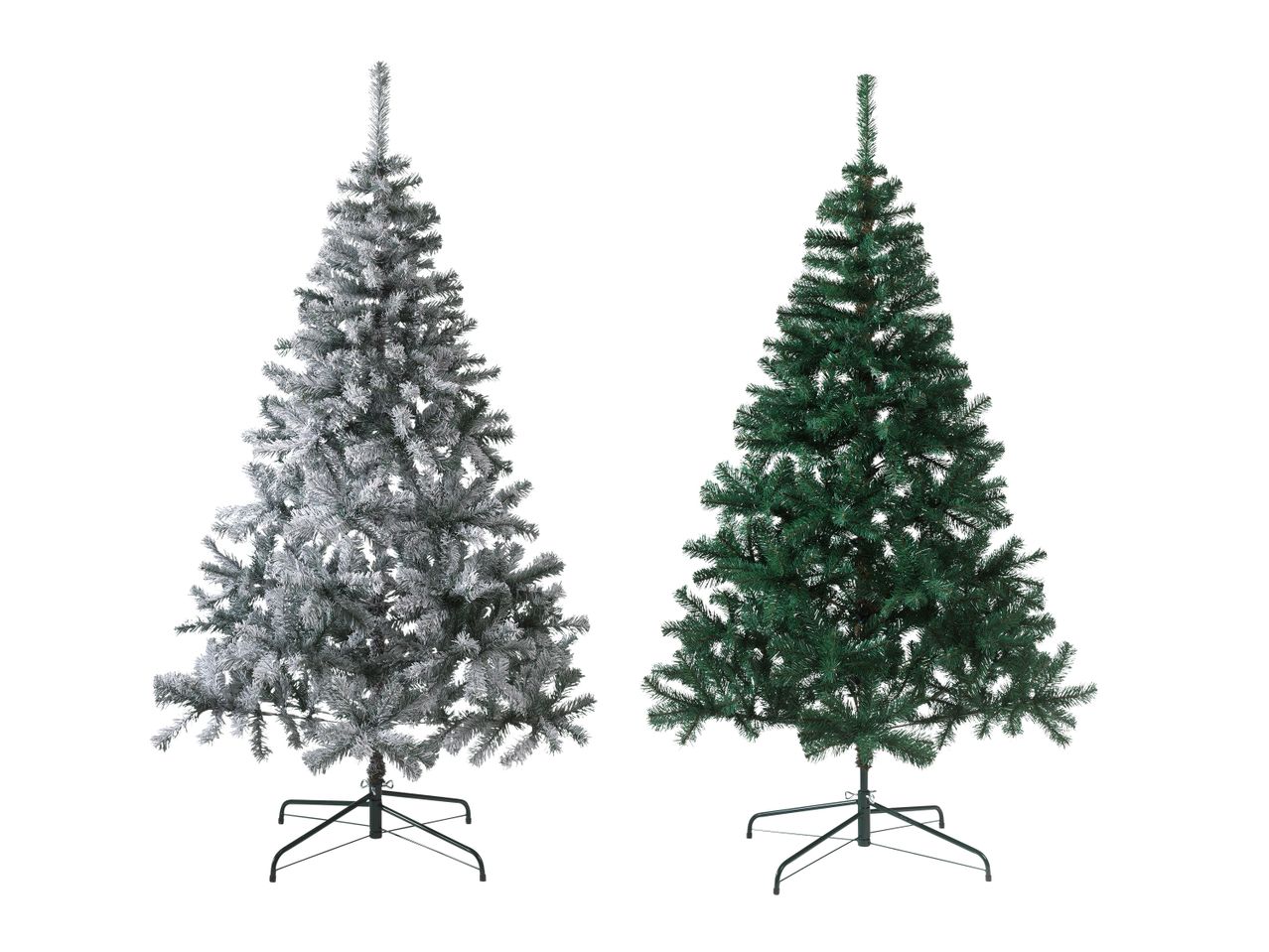 Umjetna božićna drvca: jedno zeleno i jedno s efektom snijega, oba na stalcima.