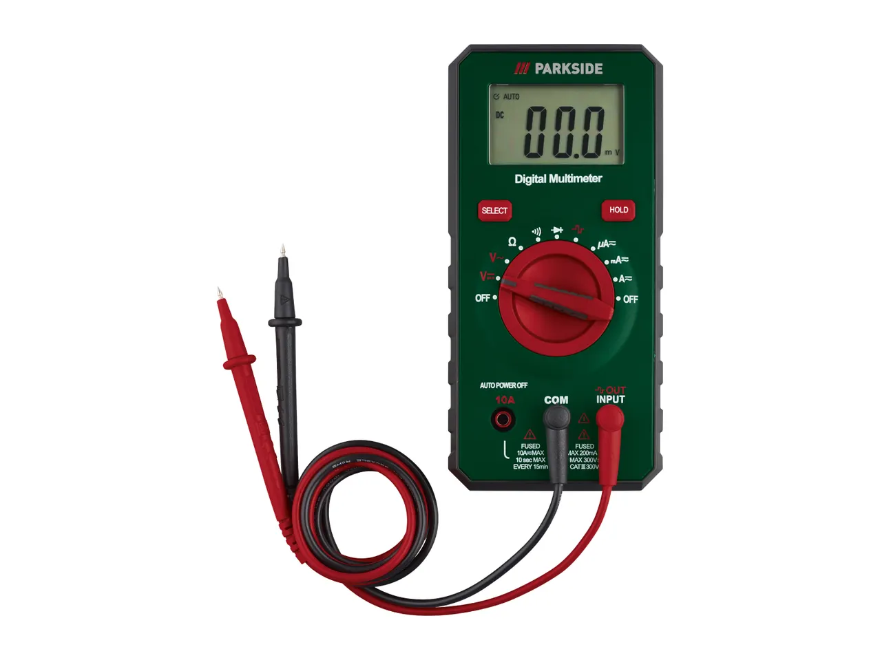 A digital multimeter with red and black test leads connected, displaying '00.0'.