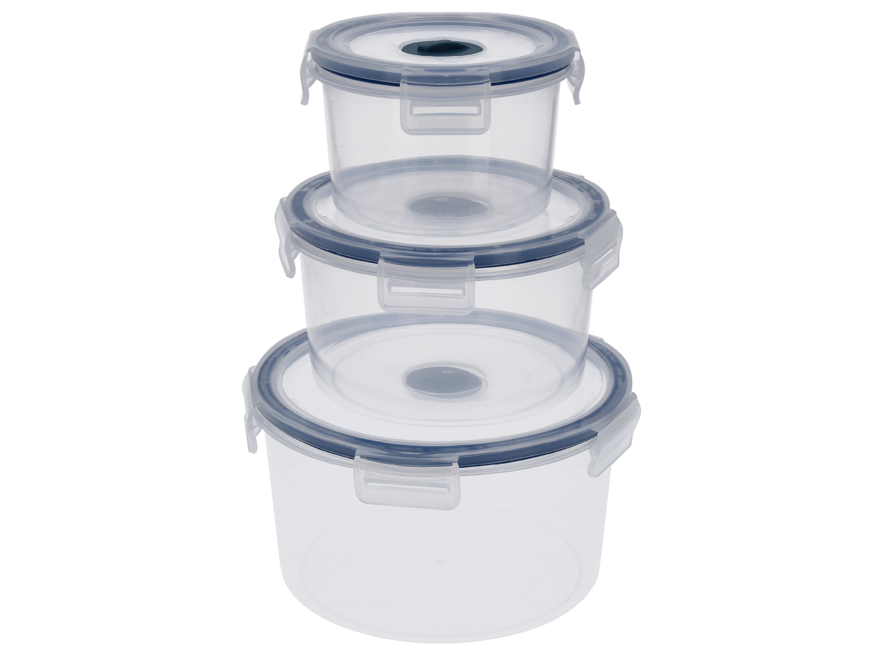 Три прозрачни кръгли кутии за съхранение с тъмносини капаци, подредени една върху друга.