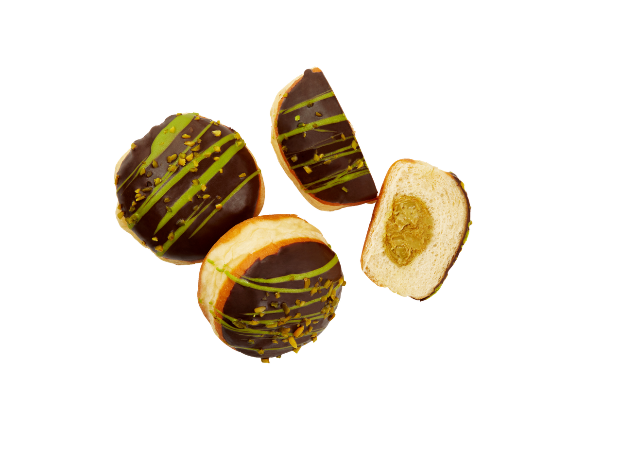 Fyra pistage- och chokladberlinerbullar, varav en är delad.