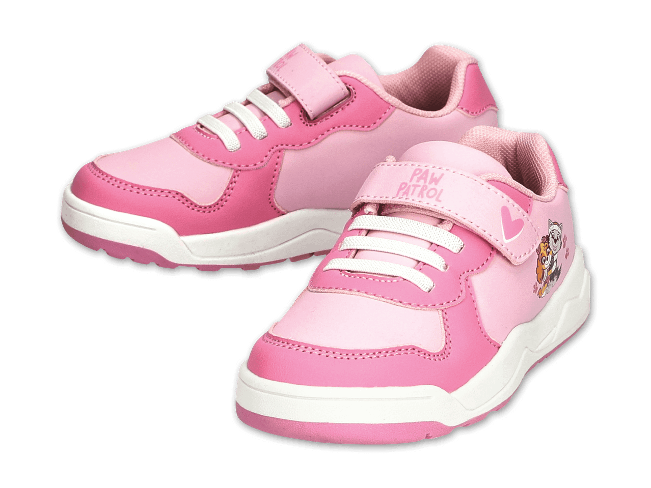 Zwei rosa Paw Patrol Kinderschuhe mit Klettverschluss und Schnürsenkeln.