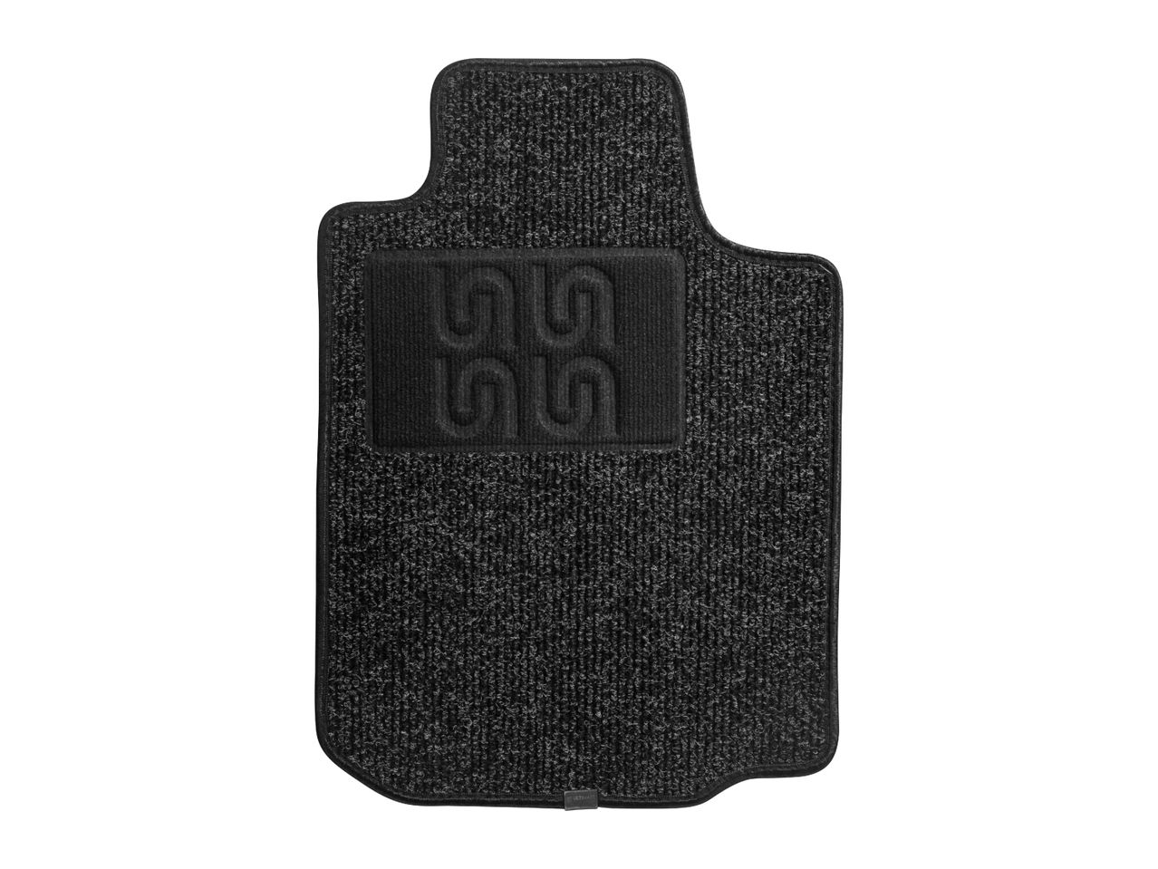 Black car floor mat with a textured surface and a rectangular logo featuring intertwined 'SS' letters.