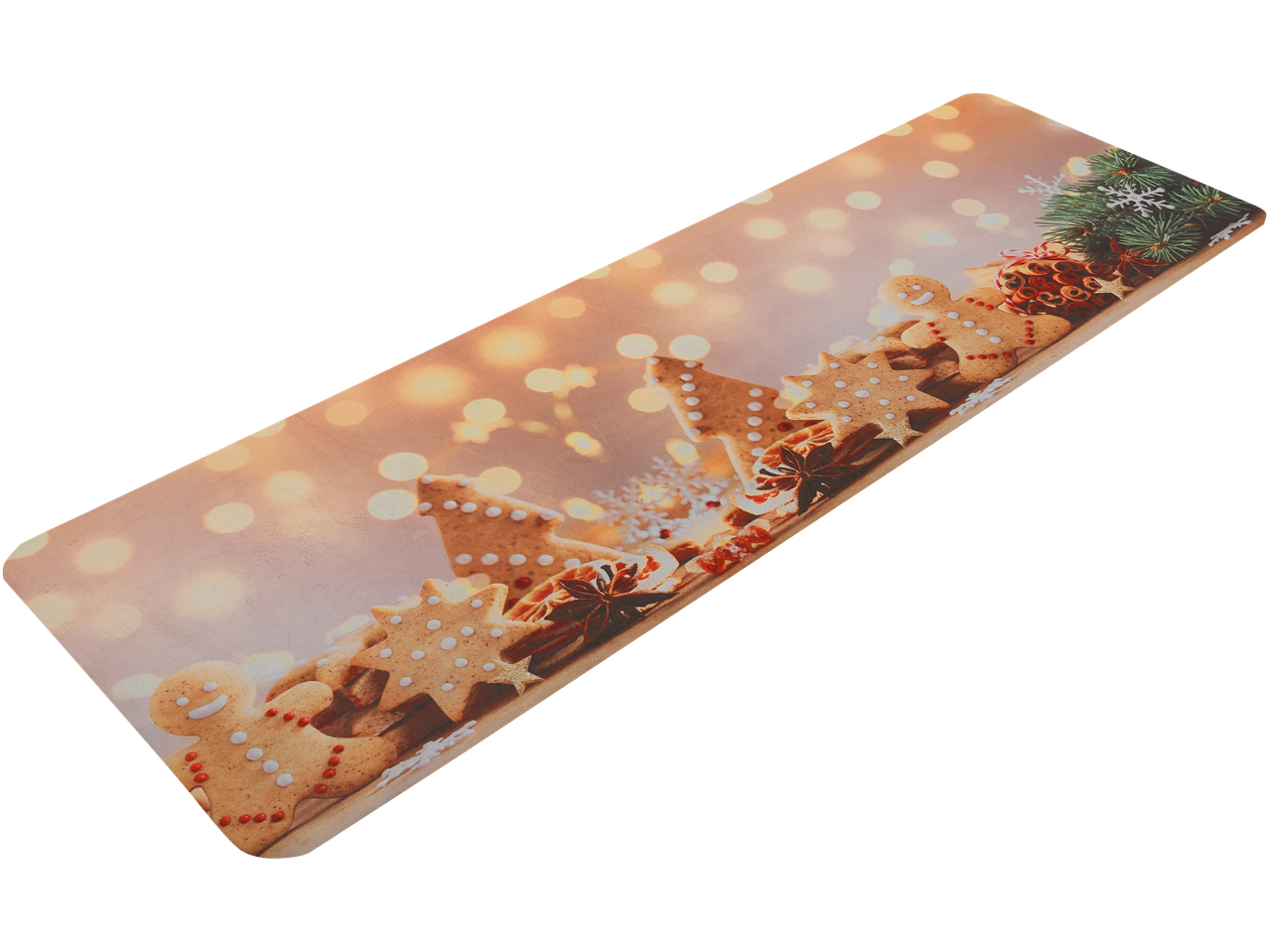 LIVARNO home virtuvės takelis su kalėdiniais sausainiais ir dekoracijomis šviesų fone.