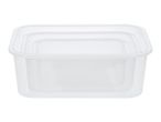 Set of three clear rectangular plastic food storage containers, nested inside each other.
