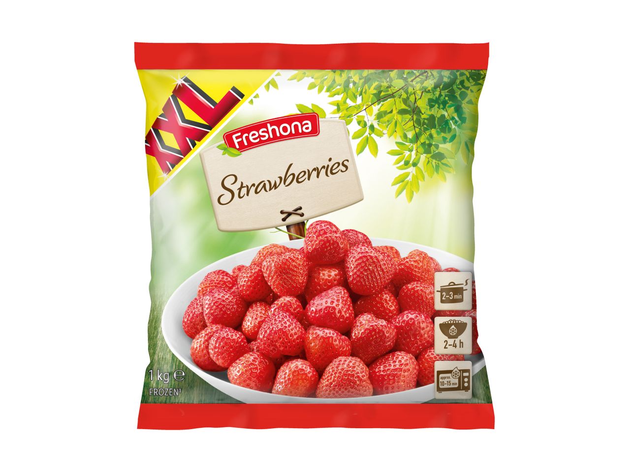 A bag of frozen Del Monte strawberries.