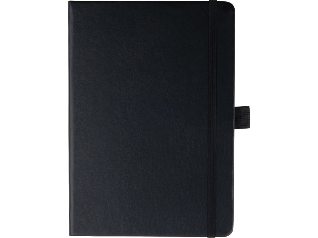 A black notebook A5 with an elastic closure.