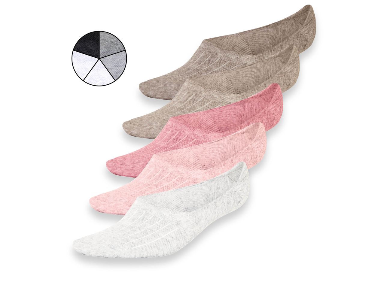 Five pairs of women's No-Show Socks in beige, pink, and white.