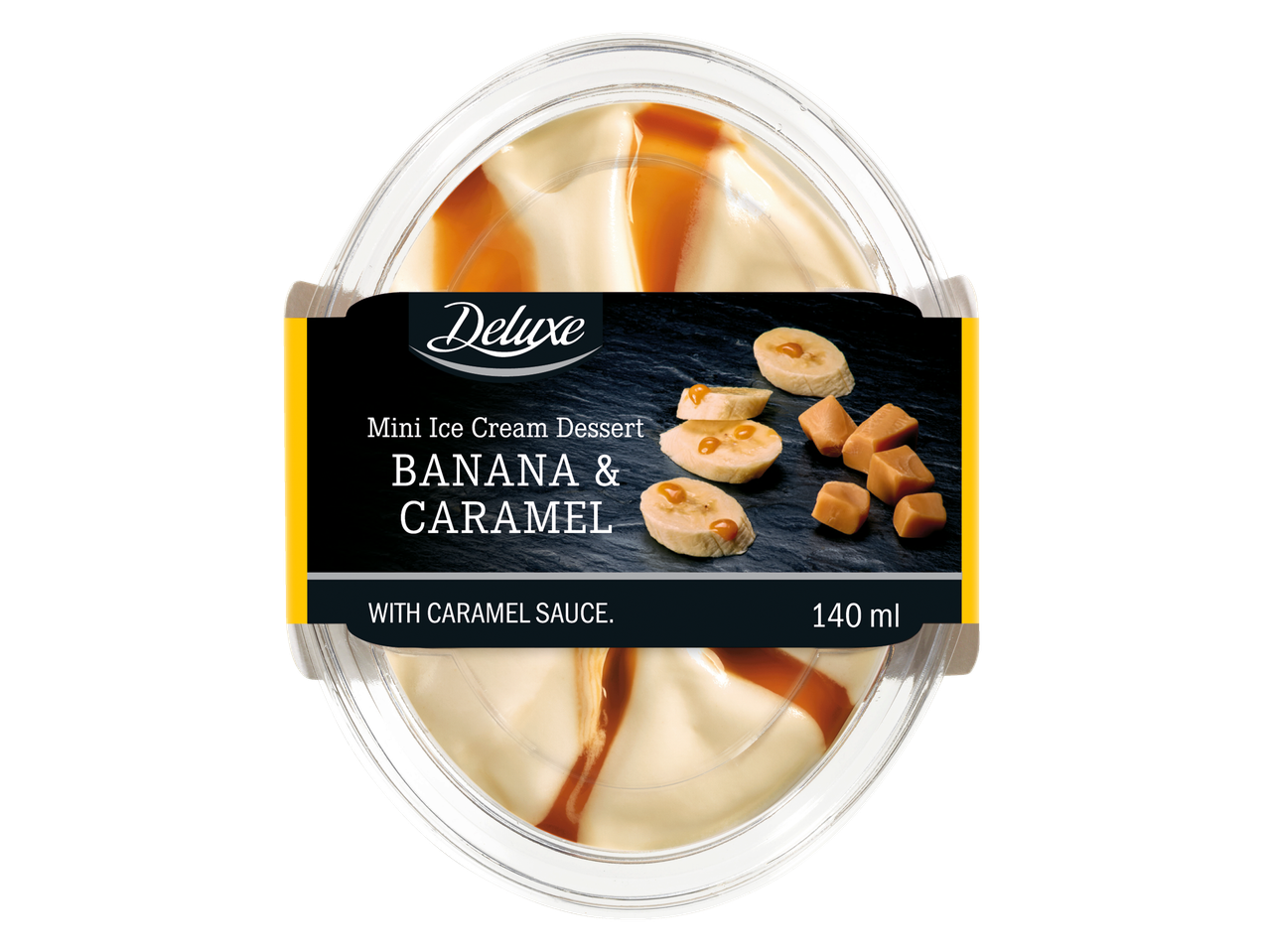 'Deluxe' miniatiūrinis ledo deserto puodelyje su bananais ir karamelės padažu.