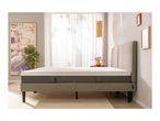 A modern bedroom with a bed frame, mattress, and decorative elements.