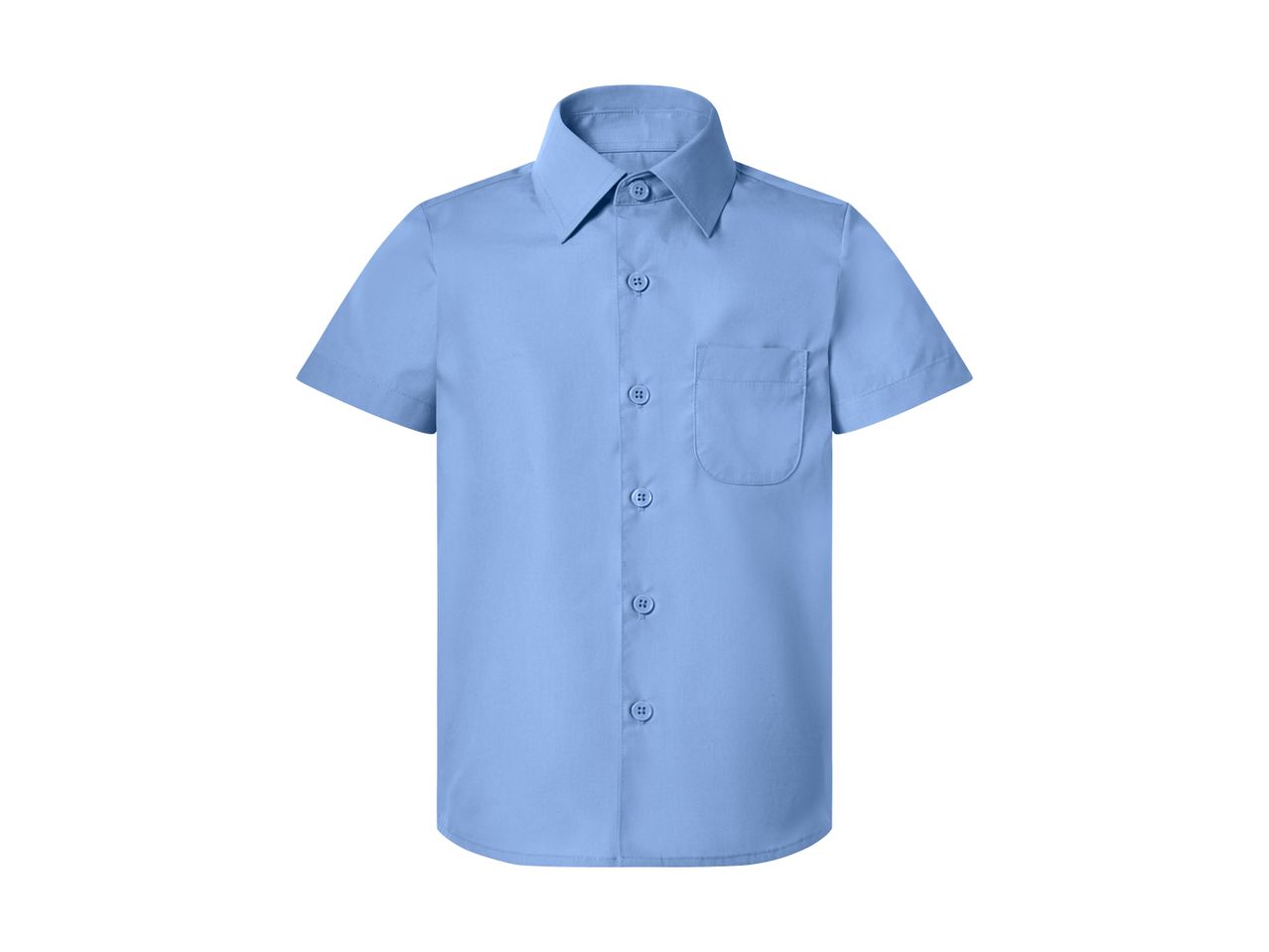 Light blue short-sleeved button-up shirt with a collar and a chest pocket.